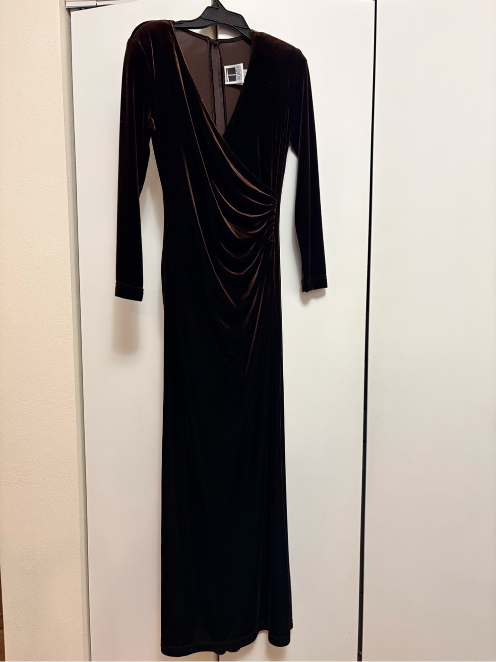 Vintage Tadashi Shoji Chocolate Brown Velvet Ruched Faux Wrap Maxi Dress M